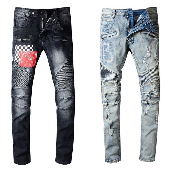

mens pants stylist jeans distressed ripped biker jean men women slim fit motorcycle biker denim jeans hip hop mens jeans size 29-40, Blue