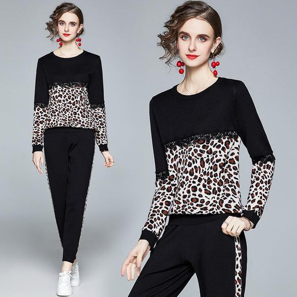 

fashion women's suit 2021 new leopard print knitted sweater + pants fashion casual two-piece suit, Gray