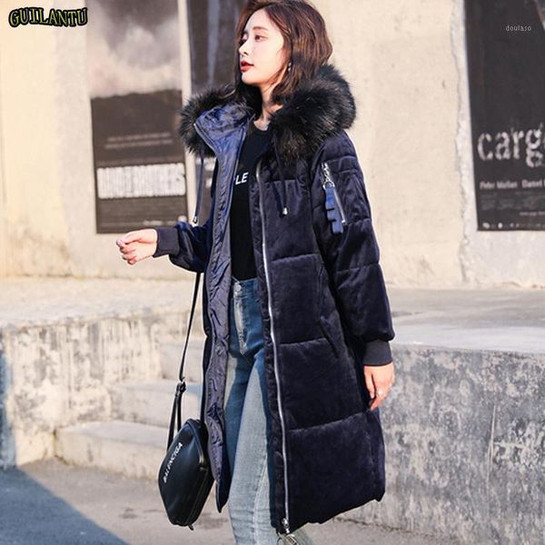 

2020 velour cotton padded winter jacket women plus size slim long coat female thick warm hooded parka mujer fur hoodies coats1, Black