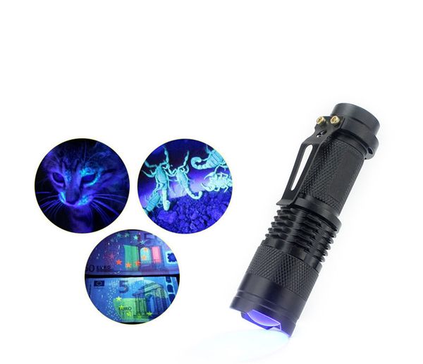 100pcs 365nm 395nm mini portáteis UV LED tocha lanterna Zoom SK68 Ultra Violeta Blacklight Lamp Pet Urine Stains Detector