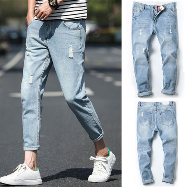 

new arrival ripped jeans mens straight pants hommes street style casual frayed blue denim pocket slim washed jeans para hombre