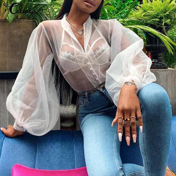 

women see through blouse tunic celmia 2021 summer mesh transparent white shirts long sleeve buttons casual blusas 5xl