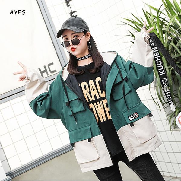 

women's jackets women green korean streetwear jacket oversized multi pockets harajuku black hooded loose bf orange coats, Black;brown