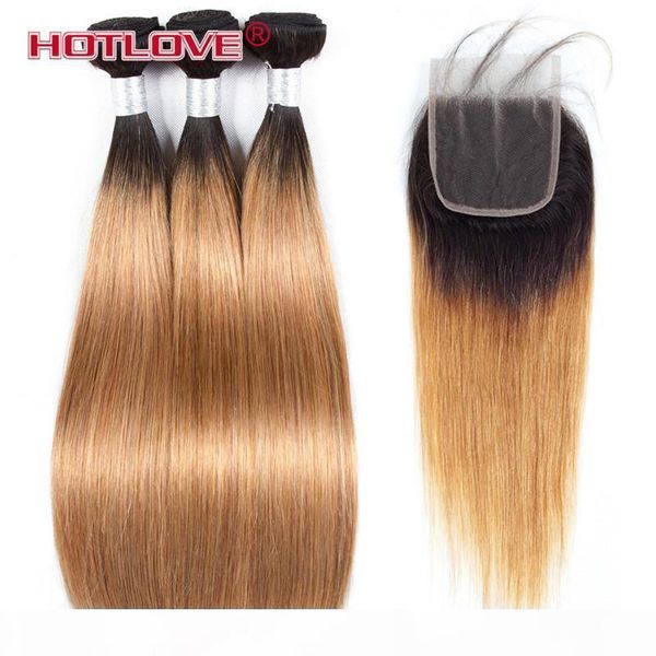 

ove hair brazilian virgin ombre hair body wave 3 bundles with lace closure two tone t1b 27 dark roots blonde brazilian ombre bundles, Black;brown