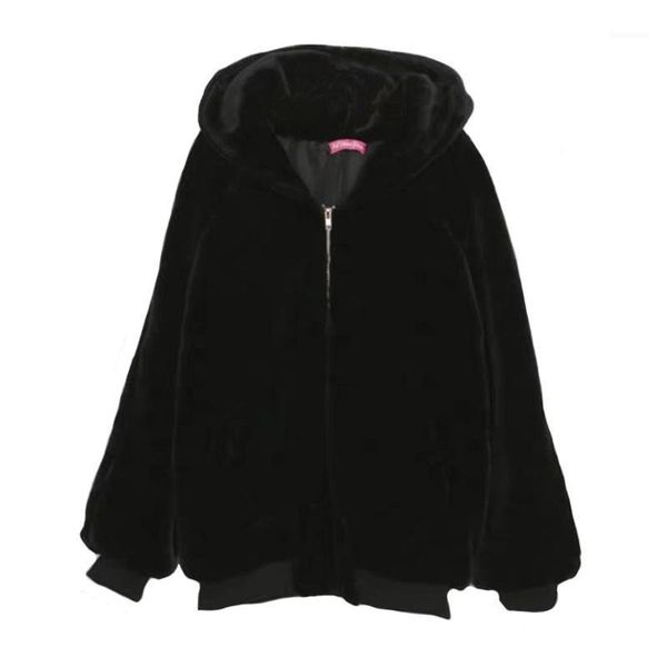 

casual fur coats imitation fur plus cotton europe america autumn winter women loose coat mid-length hooded coat1, Black