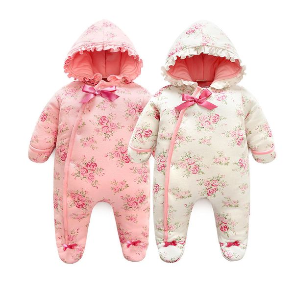 Inverno recém-nascido bebê menina macacão engrossar quente jumpsuit de algodão com capuz roupas florais princesa natal meninas onesie 201023