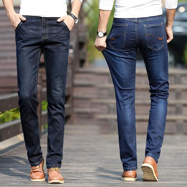 

2020 new men's thin light jeans business casual stretch slim denim jeans dark blue trousers male brand pants plus size 28-38