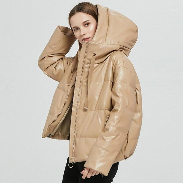 

women thick warm pu faux leather padded coat winter zipper hooded jacket parka long sleeve pockets outerwear clothes 20211, Black