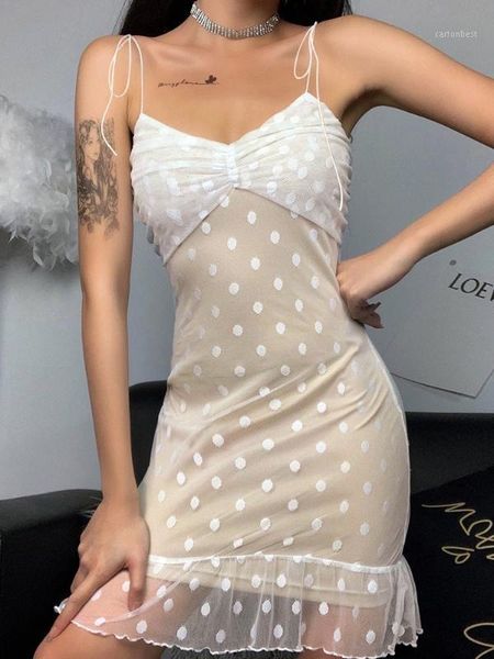 

casual dresses women summer dress 2021 arrivals spaghetti strap lace mesh transparent dot white party vestidos1, Black;gray