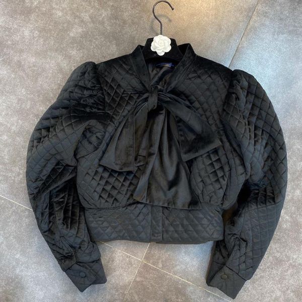 

zcsmll black parkas round neck long sleeve stitching ribbon bow solid color velvet cotton keep warm jacket 2020 winter