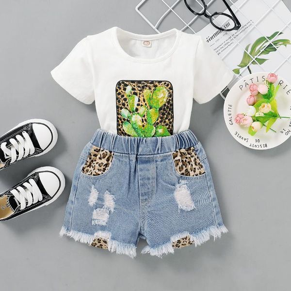

leopard floral printed girls clothes sets short sleeve t-shirts and shorts 3pcs toddler baby girls outfits summer clothing d301, White