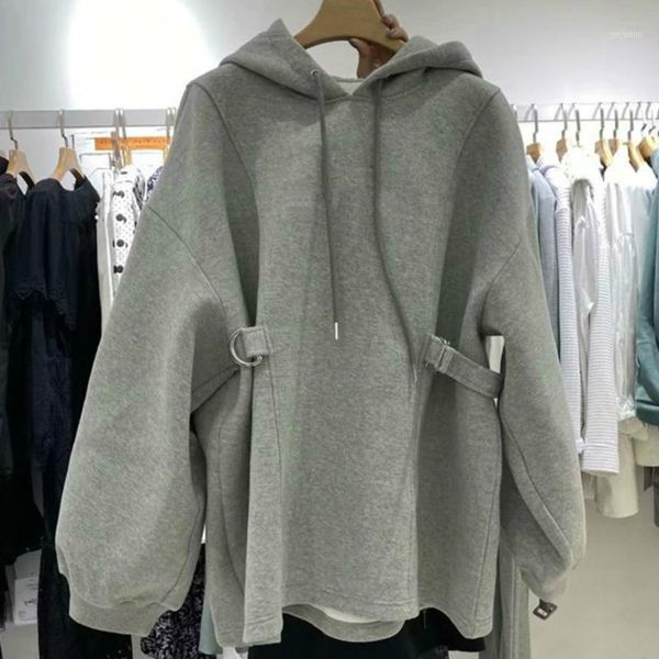 

ewq] 2021 spring casual fashion female solid color minimalist long-sleeved pullover hooded lace up sweatshirts 8q8561, Black