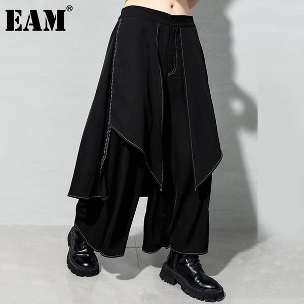 

women's pants & capris [eam] wide leg long irregular black fake two high waist trousers loose women fashion tide spring autumn 2021 1dd, Black;white