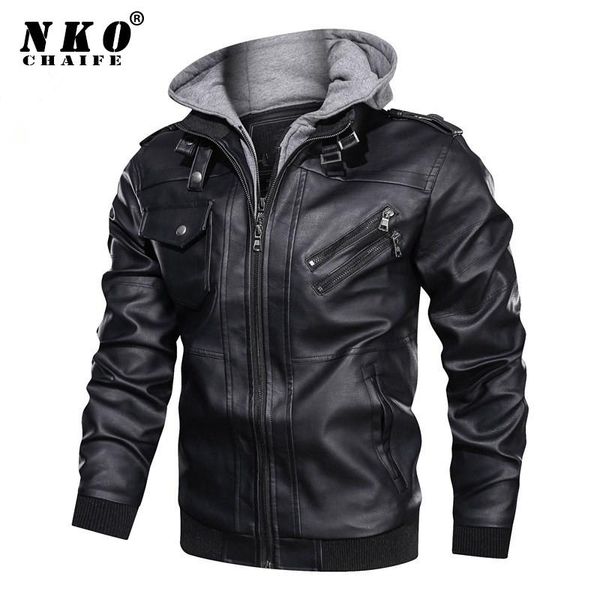 

men's fur & faux chaifenko men brand winter leather jacket coat fashion hooded motorcycle pu casual biker jackets, Black