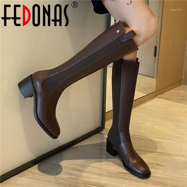 

fedonas retro women's boots 2020 autumn winter shoes woman heels genuine leather high heels knee high boots wide leg, Black