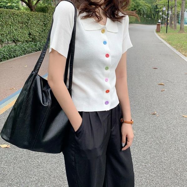 

women turn down collar knitted short sleeve thin sweaters cardigans lady colorful buttons sweater shirt crop female, White;black