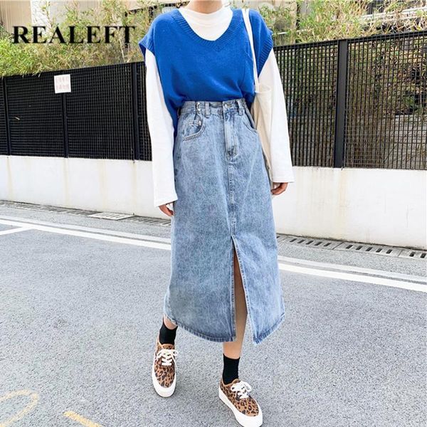 

realeft vintage women's long denim skirts 2021 new front split high waist fashionable jeans a-line skirts female spring summer1, Black