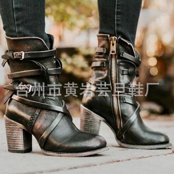 

retro mature mid calf boots for women round toe buckle autumn boots zipper high square heel winter ladies shoes rubber pu, Black