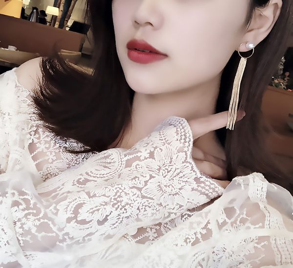 

корейская версия простого длинный участок холодной стиль личности мода диких жемчужные серьги кисточка s925 серебряные иглы серьги женские с, Black