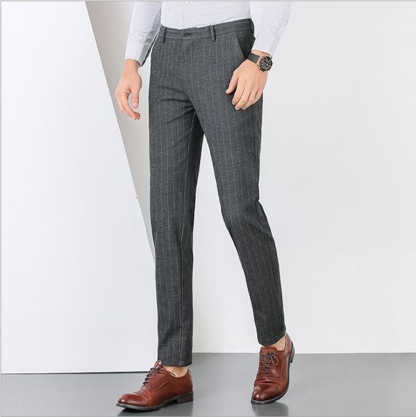 

autumn and winter new hairless stripe casual pants slim straight elastic trend men's trousers, Black