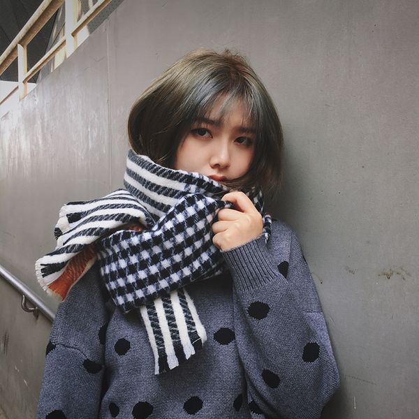 

leishi loves a small number of plaid striped scarf shawl imitation cashmere student thickened warm neck autumn and winter korean women, Blue;gray