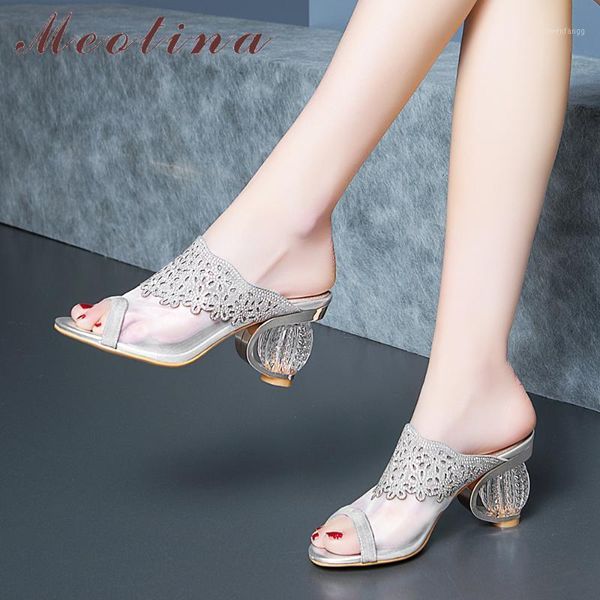 

meotina women shoes summer slippers transparent strange style high heel shoes crystal peep toe slides party sandals lady 391, Black