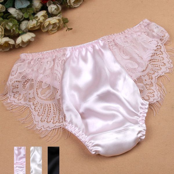 

100% silk underwear female waist briefs behind both sides of lace 201112, Black;pink
