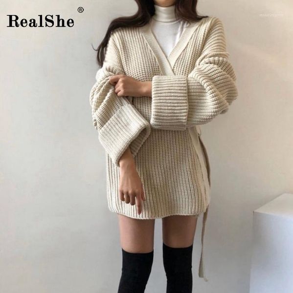 

women's knits & tees realshe long cardigan women v-neck sleeve solid sashes cashmere sweater 2021 elegant spring split female sweater1, White