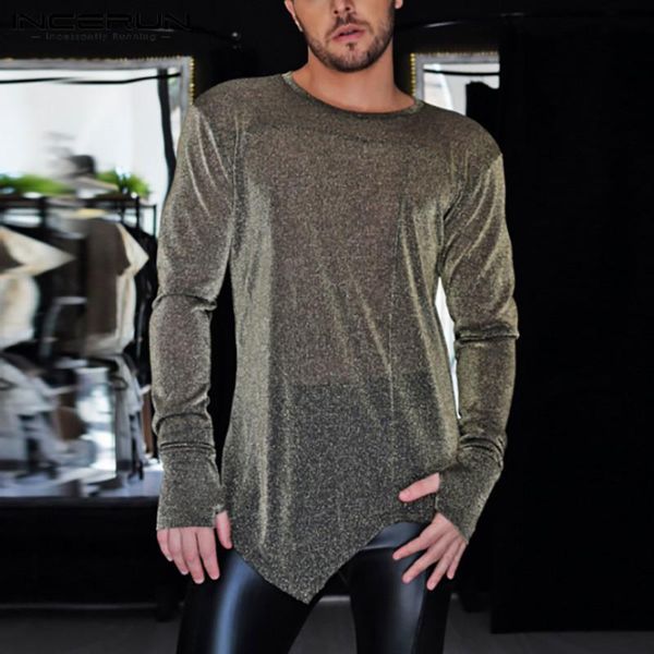 

long sleeve o neck see through tee incerun mens mesh t shirts transparent party shiny t-shirts man irregular camisetas, White;black