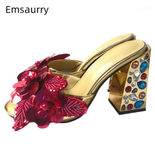 

slippers summer 2021 sequins flower women peep toe jeweled square heel string bead rhinestone high shoes woman1, Black