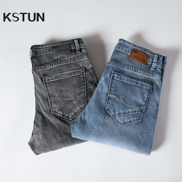 

kstun jeans men regular cut business casual straight men's jeans stretch light blue gray long trousers male hombre1