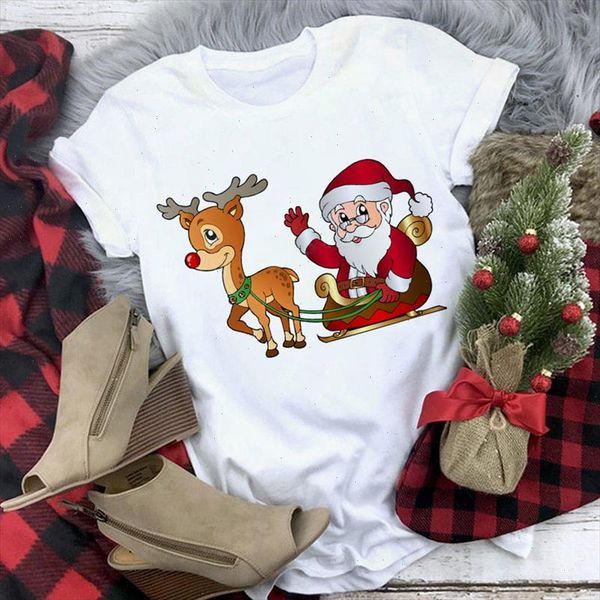 

new kawaii santa claus reindeer cartoon t shirt women merry christmas harajuku short sleeve t shirt girls casual fashion, White