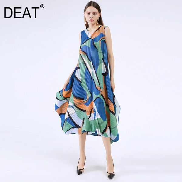 

deat 2020 pleated dress women sleeveless v collar hit color belt print irregular elegant long casual summer fashion tide am811, Black;gray