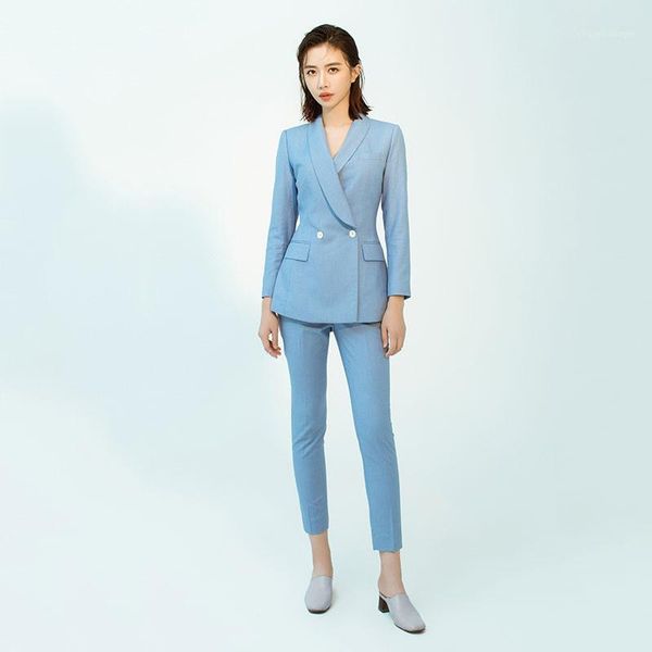 

suits blue women's suits fashion slim double-breasted 2 piece set blazer pants female business casual formal business wear1, White