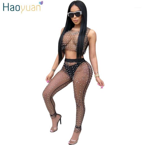 

two piece dress haoyuan mesh pearls beading set summer outfits see through crop and pants suit matching 2 women1, White