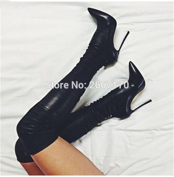 

boots autumn winter botas mujer pointed toe metal stiletto heels women long booties over the knee stretchy suede thigh high, Black