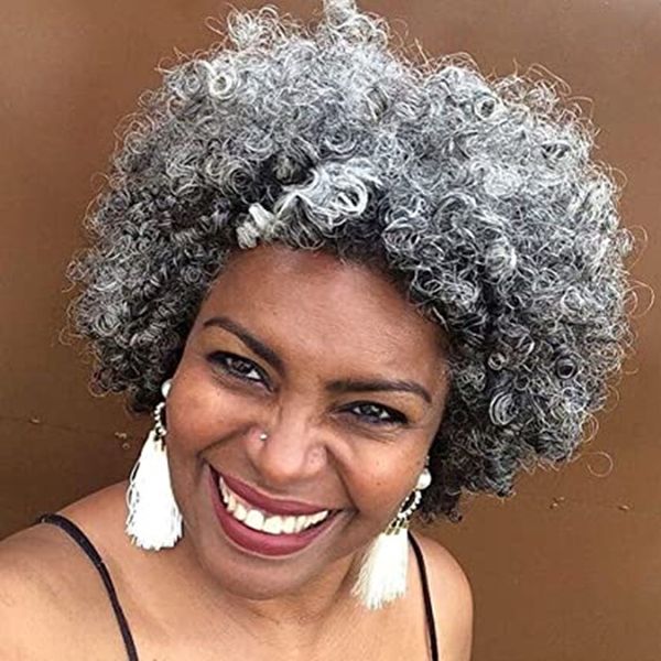 

afro kinky curly grey human hair wigs with bang short gray two tone ombre machine made wig for black women none lace no glue, Black;brown