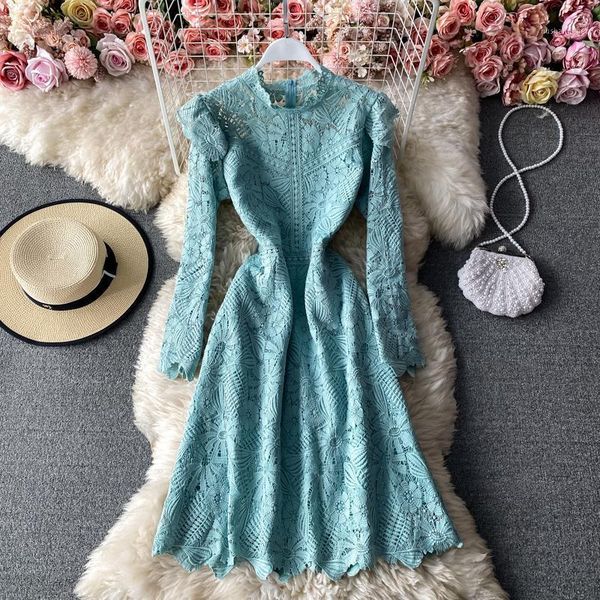 

summer retro and elegant pleated ruffles stand-up collar dress female hook flower dress all-match lace a-line1, Black;gray
