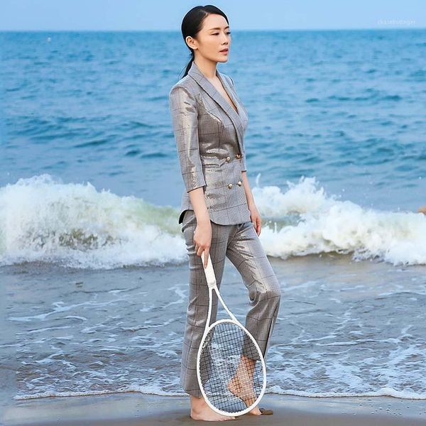 

suits women's suit 2 piece set suit blazer withnine - quarter trousers women's plaid double-breasted female casual pantsuit1, White