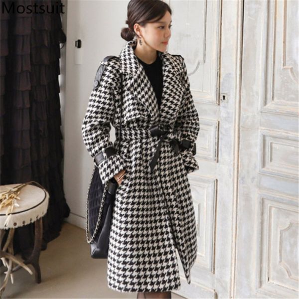 

2019 winter houndstooth woolen coats jackets women long sleeve turn-down collar belted vintage fashion korean coatsx1020, Black