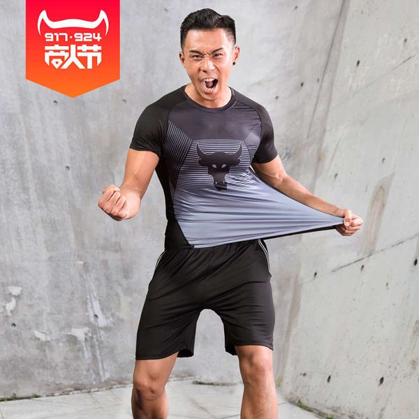 

new sports men's fitness suit running sportswear summer breathable lightweight short sleeve shorts two piece set, Gray