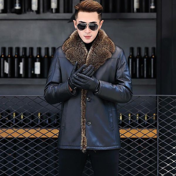 

men's leather & faux genuine jacket real wool liner men sheepskin coat racoon fur collar chaqueta cuero hombre dxl1609 kj1164, Black