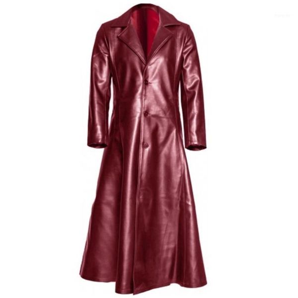 

men's long leather clothing solid color autumn streetwear retro gothic lapel trench coat charming tight parka plus size 5xl1, Black
