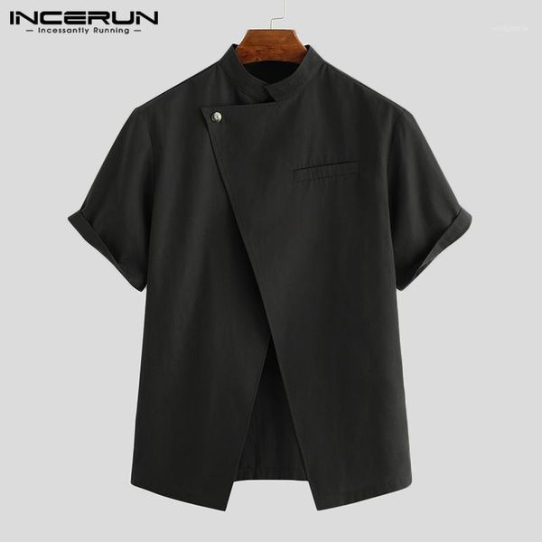 

incerun men shirt vintage solid color short sleeve one button irregular casual split shirts hombre retro stand collar camisa 5xl1, White;black