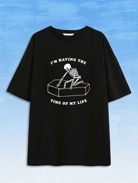 

romwe x catsneeze slogan skull graphic drop shoulder tee v9hk#, White