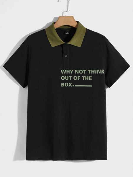 

men letter graphic contrast collar polo shirt y1bt#, White;black