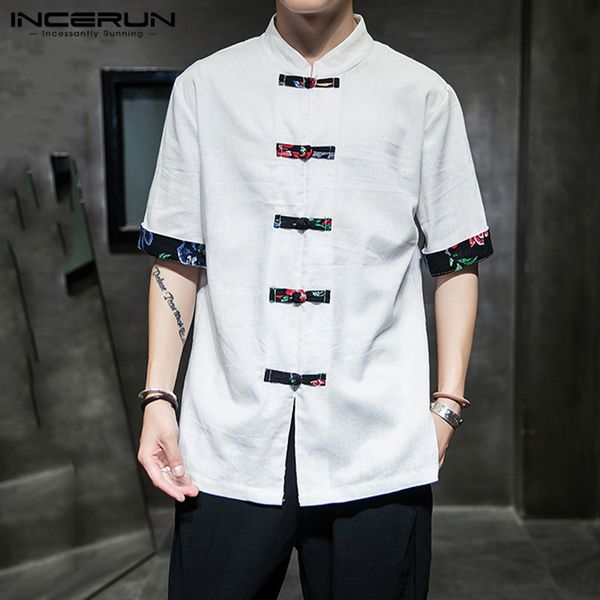 

incerun 2020 vintage casual shirt men stand collar cotton short sleeve patchwork summer chinese style shirt men streetwear y0104, White;black