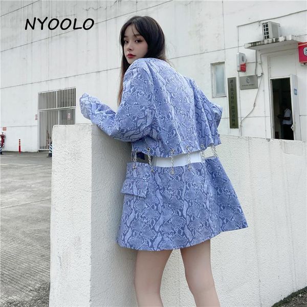 

nyoolo novelty design snake pattern chain patchwork long sleeve blazer jacket women high street loose pockets outerwear femme, White;black