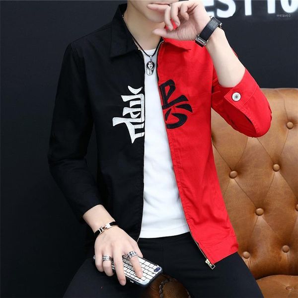 

#7415 spring 2019 black and red denim jacket men zipper casual hip hop jeans jacket homme streetwear bomber coat windbreaker1, Black;brown