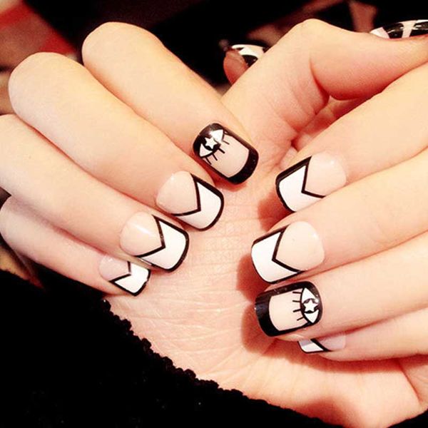 

short size full cover nail art tips with glue cute cartoon eyes printing false nail diy natural pink color french fake nails, Red;gold